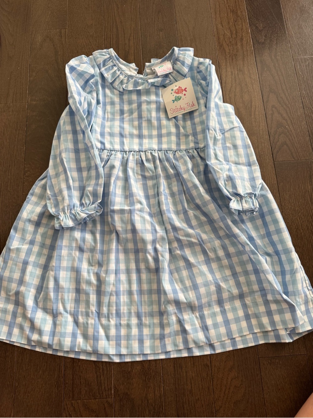 Girls' Light Blue Gingham Ruffle Collar Dress